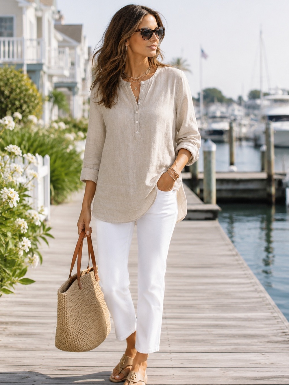 RUSS BERENS Women’s Tan Neutral Linen Tunic Top L NEW